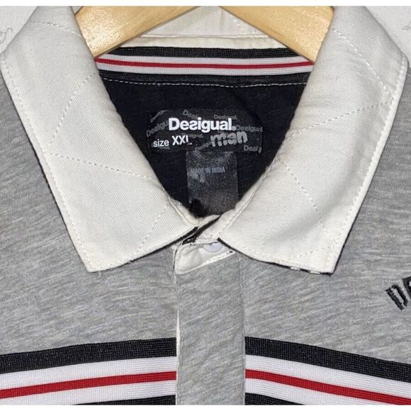 Desigual Men's Sz XXL Black/Gray Colorblock Striped Rugby Pocket Polo Shirt euc - Picture 2 of 9